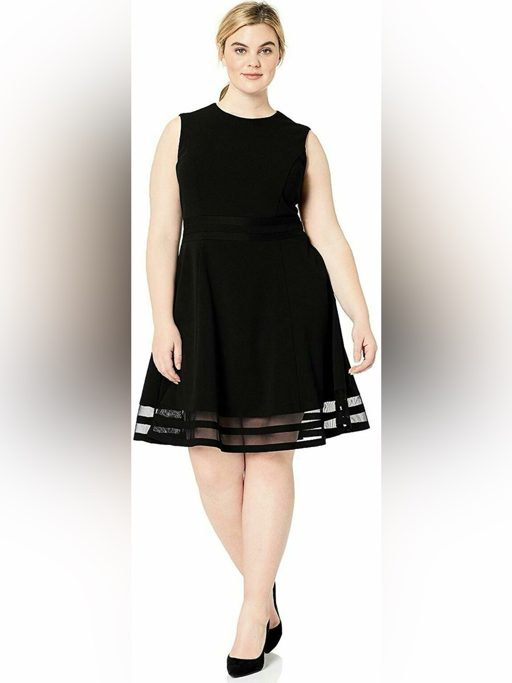 Calvin Klein Black Fit-and-Flare Dress with Sheer Hem Stripes